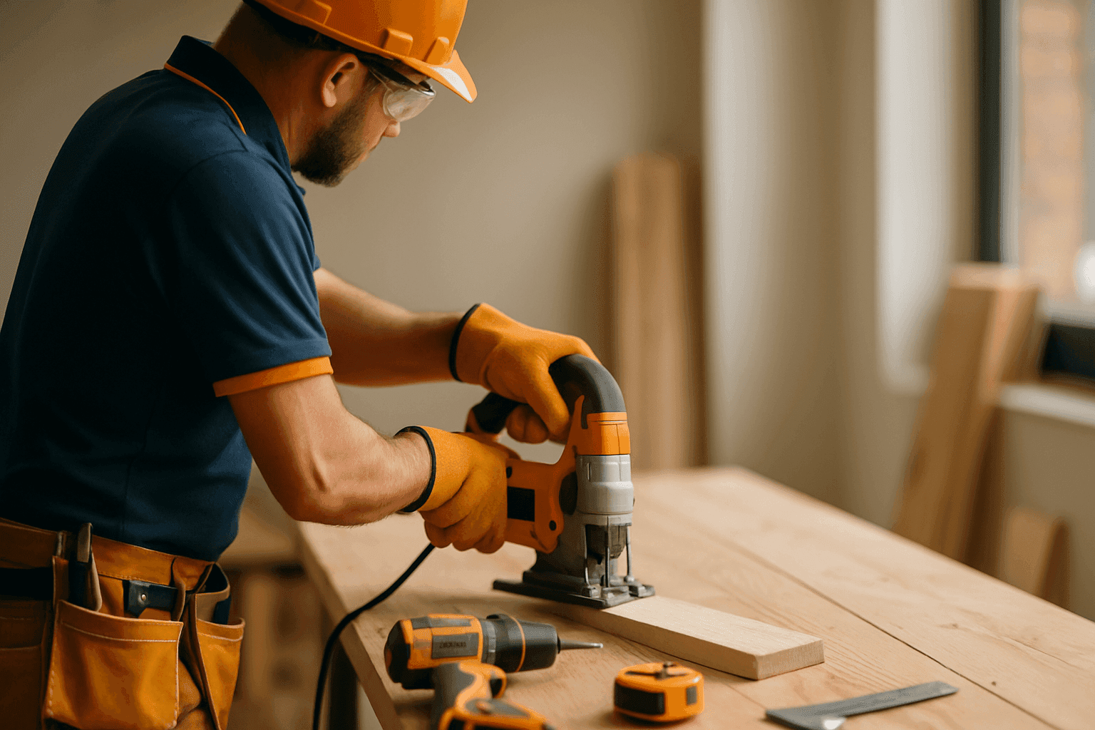 Professional handyman wearing safety gear working with tools on wooden bench at clean job site in Crest View Heights