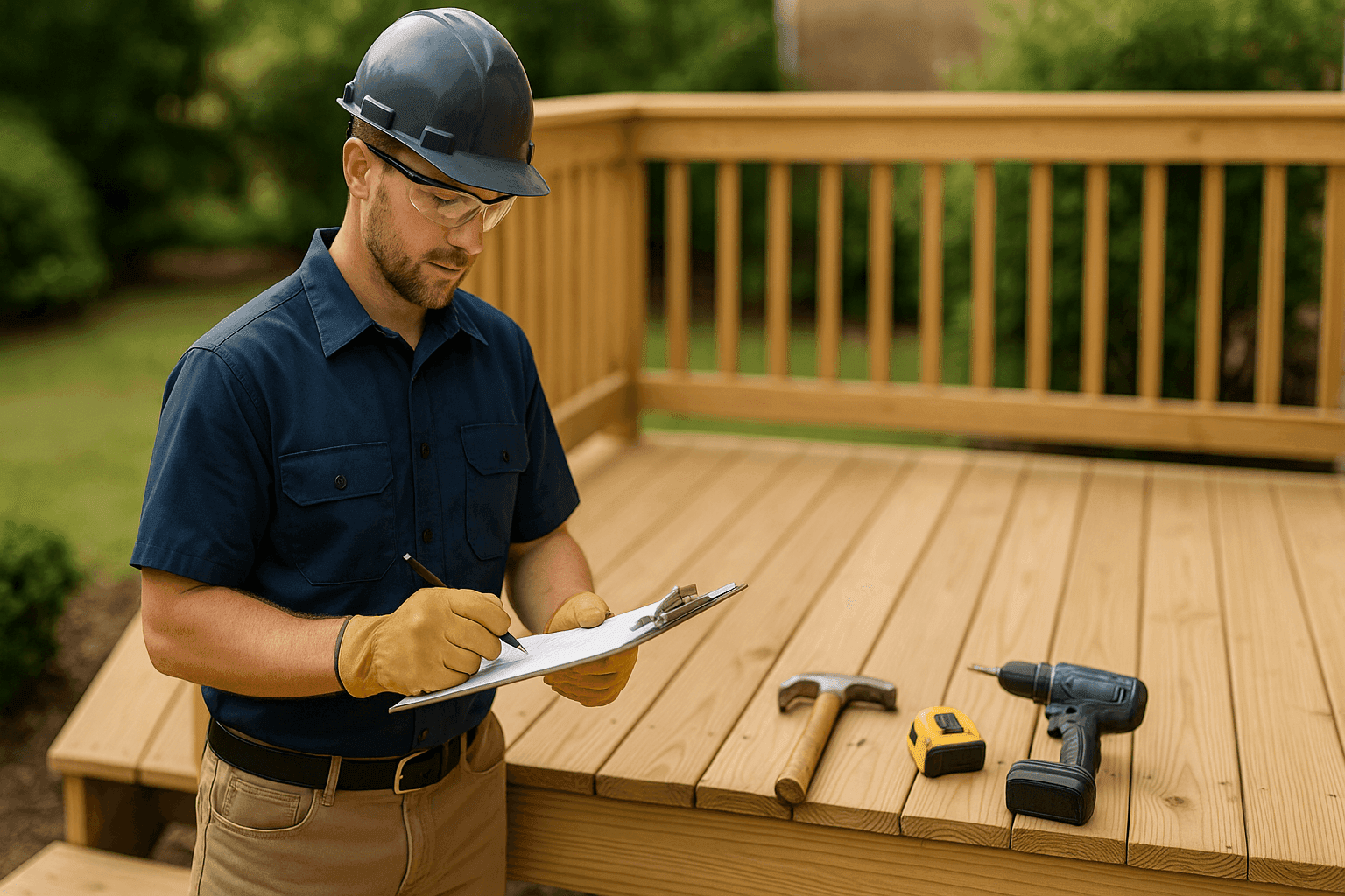 Handyman reviewing estimate clipboard beside repaired deck and tools
