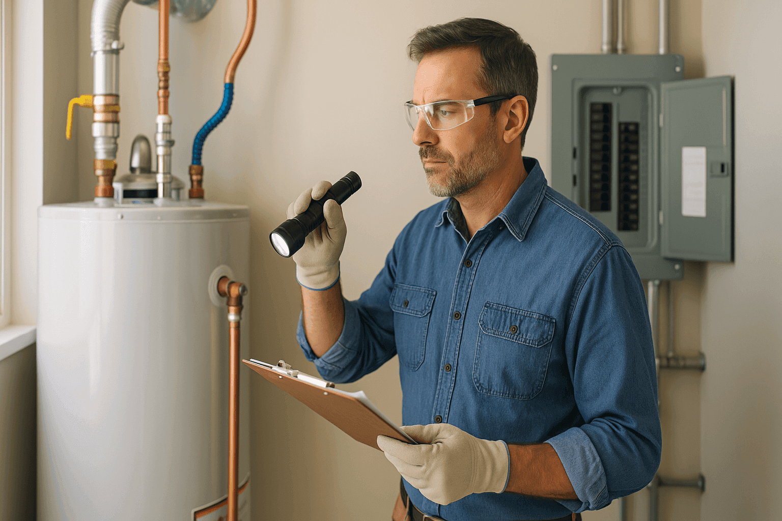 Homeowner inspecting water heater and pipes for leaks in clean utility room
