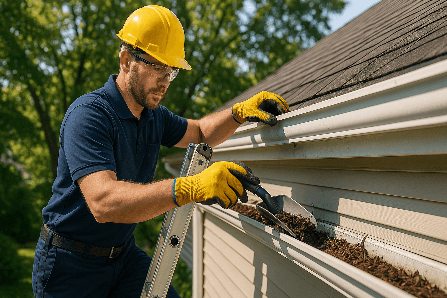 Handyman inspecting roof gutters and cleaning debris on sunny day
